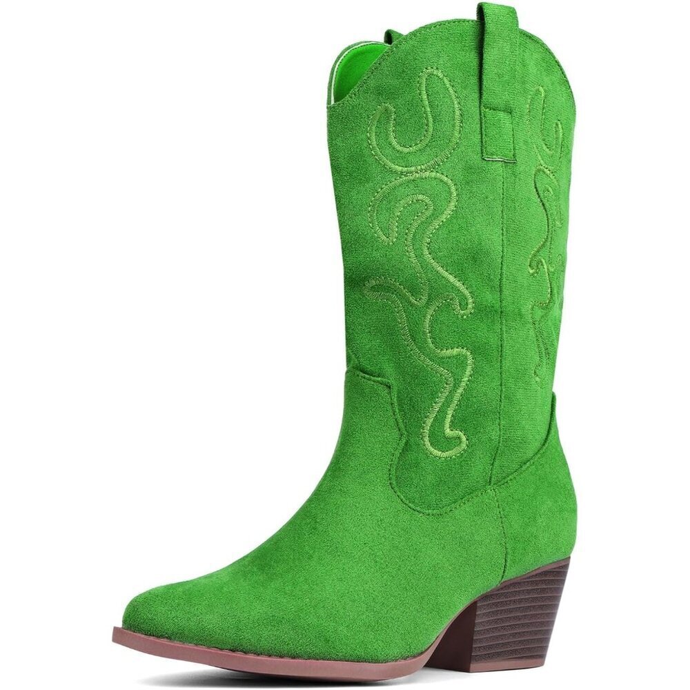 Women Light-green Suede Mid Calf Chunky Block Heel Western Embroidered Boot
